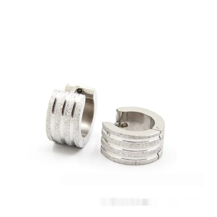 Korean-style three-line geometric earrings with a frosted finish in titanium steel