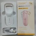 Electric heating eyelash curler in pink with USB charging cable on a white background