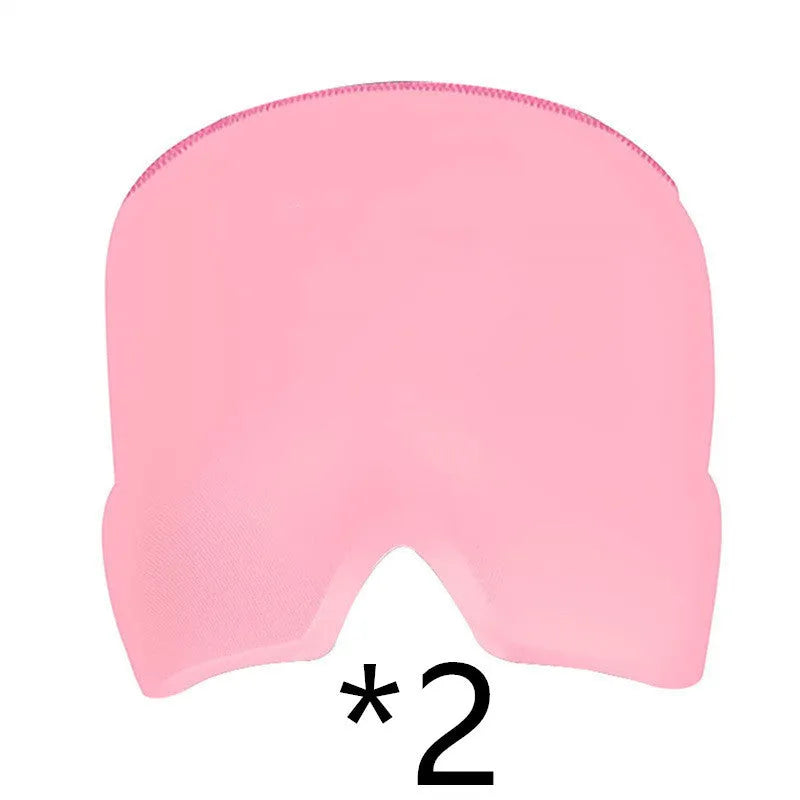 Black adjustable cold compress gel eye mask for headache relief on a plain background.