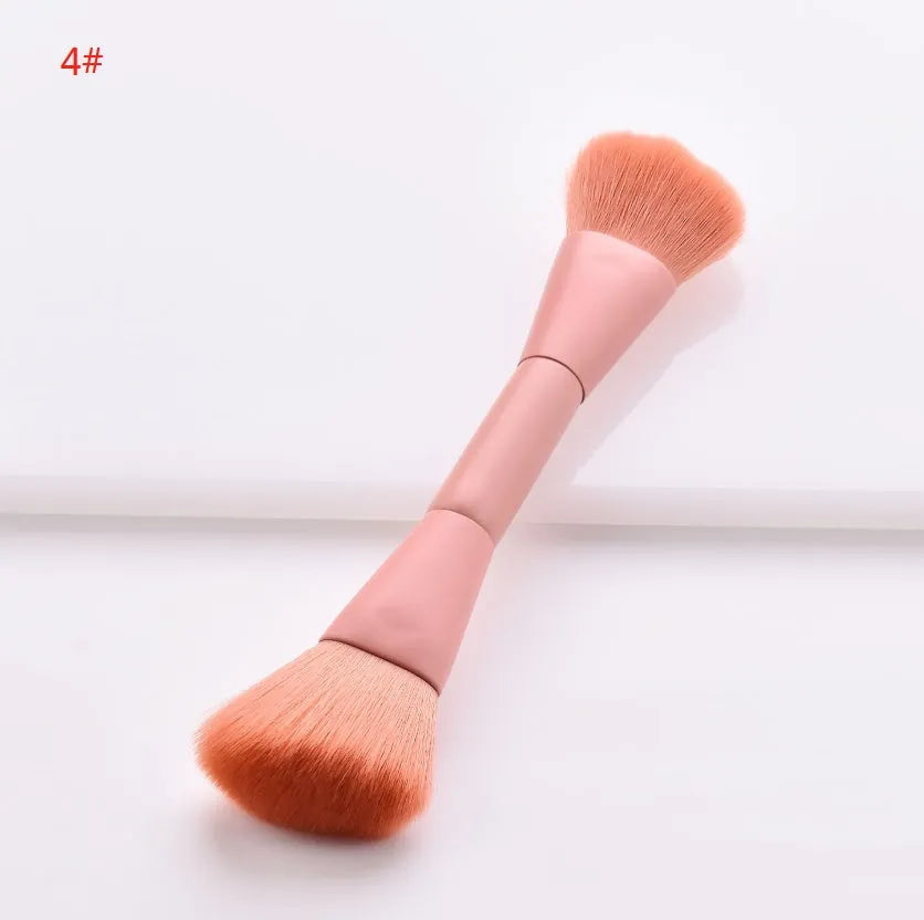 Ten-piece wooden handle makeup brush set with nylon bristles including powder, foundation, and double-ended brushes
