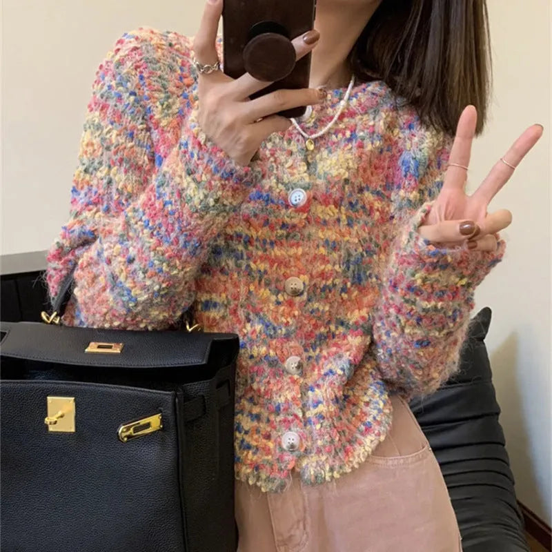 Retro style knitted rainbow cardigan in acrylic fibre with toothbrush hair texture, available in green or pink colours