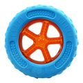 Set of three dog toys: a red ball, a blue barbell, and an orange tyre, floating in water.