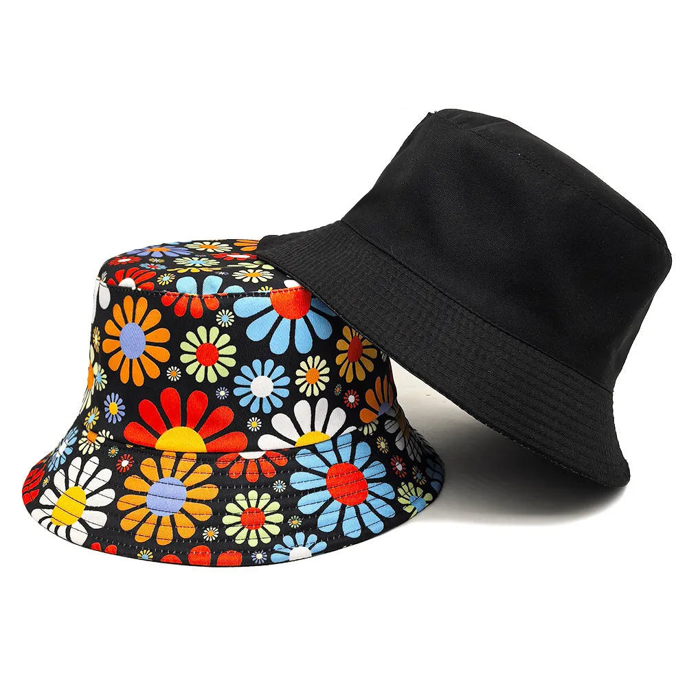 Colourful flower print polyester bucket hat with a dome crown on a neutral background.