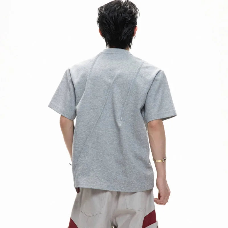 Men's grey cotton T-shirt with three-dimensional pleated texture and a loose fit