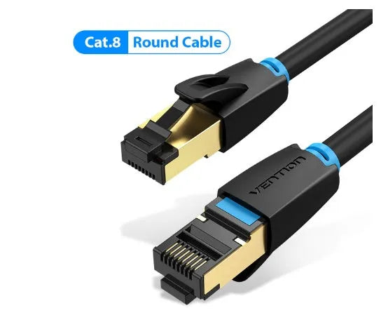 CAT8 shielded network cable with RJ45 connectors in flat and round styles for 10G high-speed indoor networking