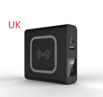 Black and white Super QI wireless charging power bank with integrated plug and international adaptors.