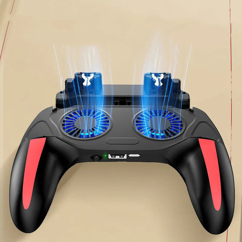 H10 mobile phone game cooling controller with touch screen, shown attached to a smartphone.