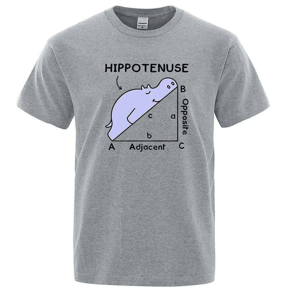 Men's loose fit cotton t-shirt with hippotenuse opposite adjacent math joke print in grey.