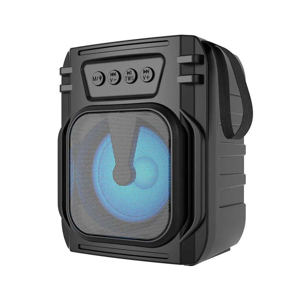 Portable Bluetooth speaker in colour 3107 showing compact 110mm size with USB charging cable