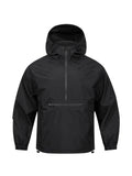 Men's loose grey corduroy half-zip hooded sweater jacket with rabbit fur fabric on a hanger