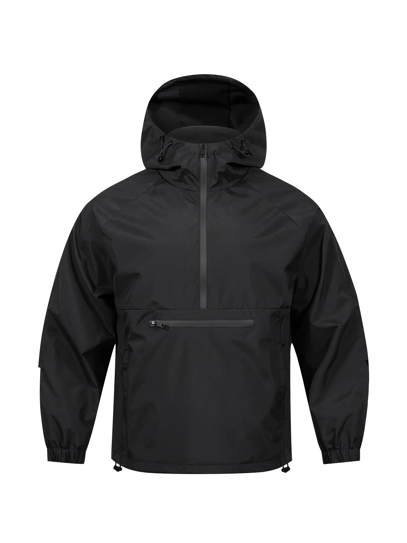 Men's loose grey corduroy half-zip hooded sweater jacket with rabbit fur fabric on a hanger