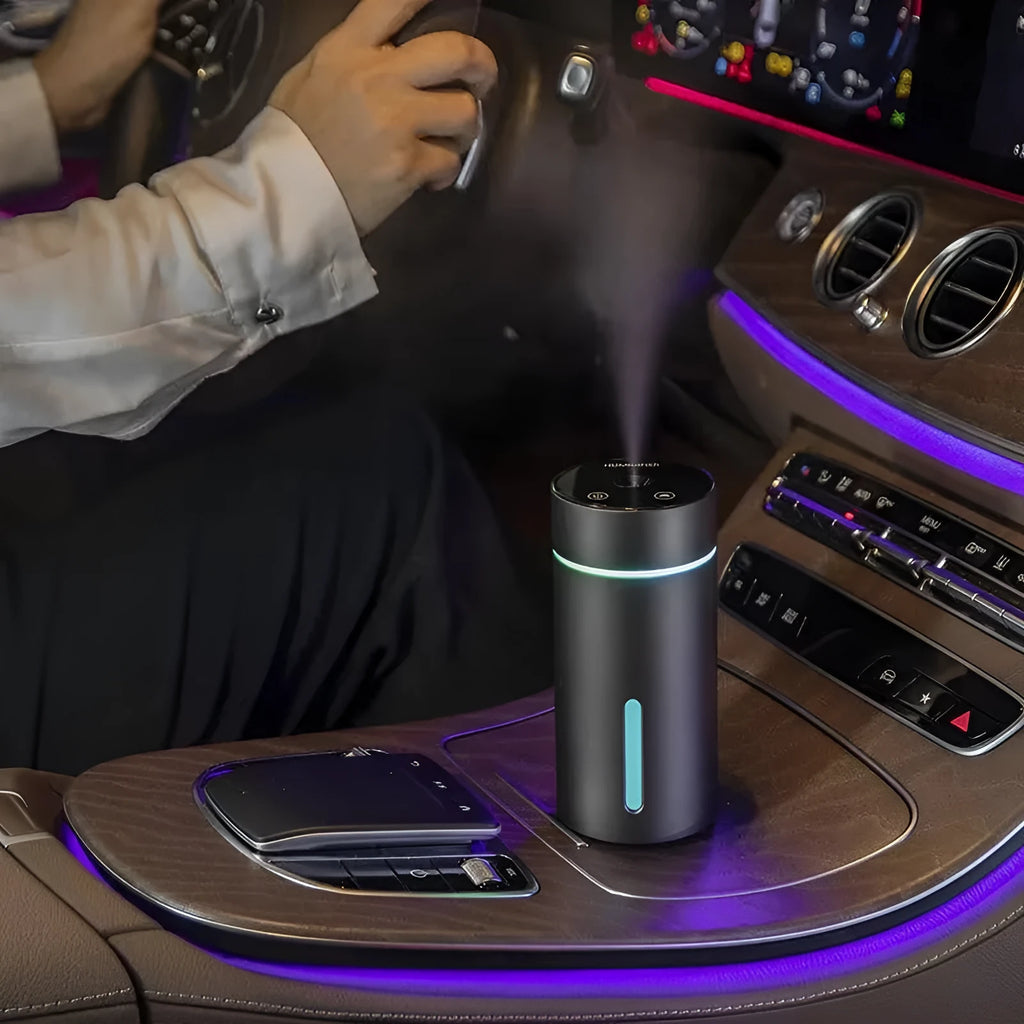 Black portable car humidifier and essential oil diffuser with aluminium construction and USB cable