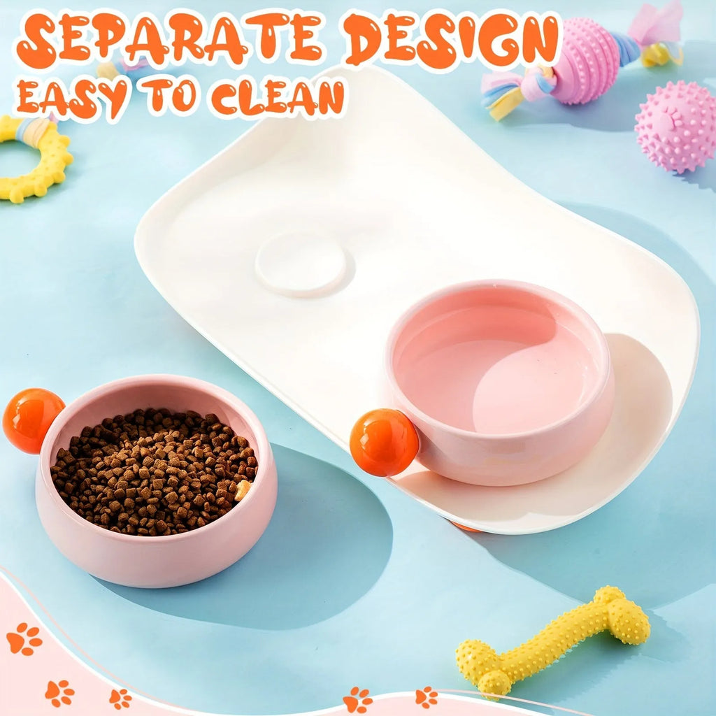 Ceramic elevated pet feeding bowl set with two bowls and non-slip base in pink colour