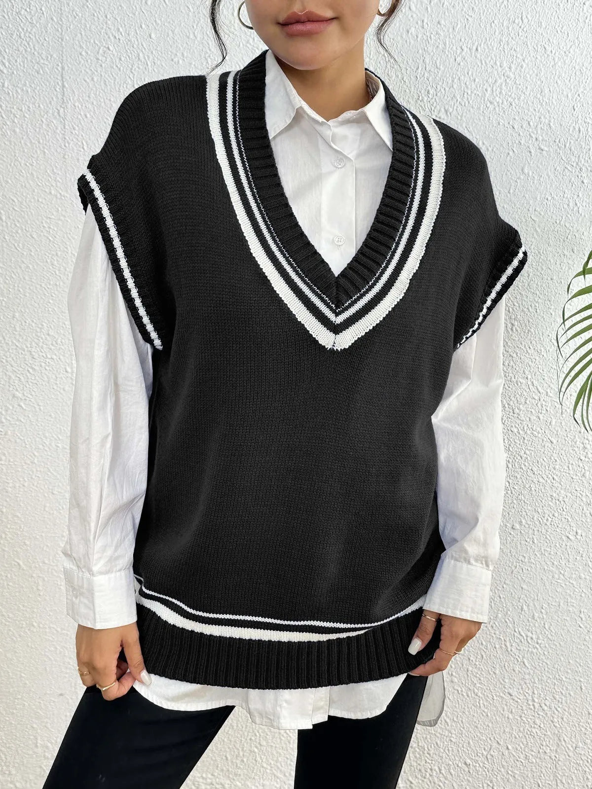 Women's loose college-style acrylic vest sweater in blue, coffee or black colours