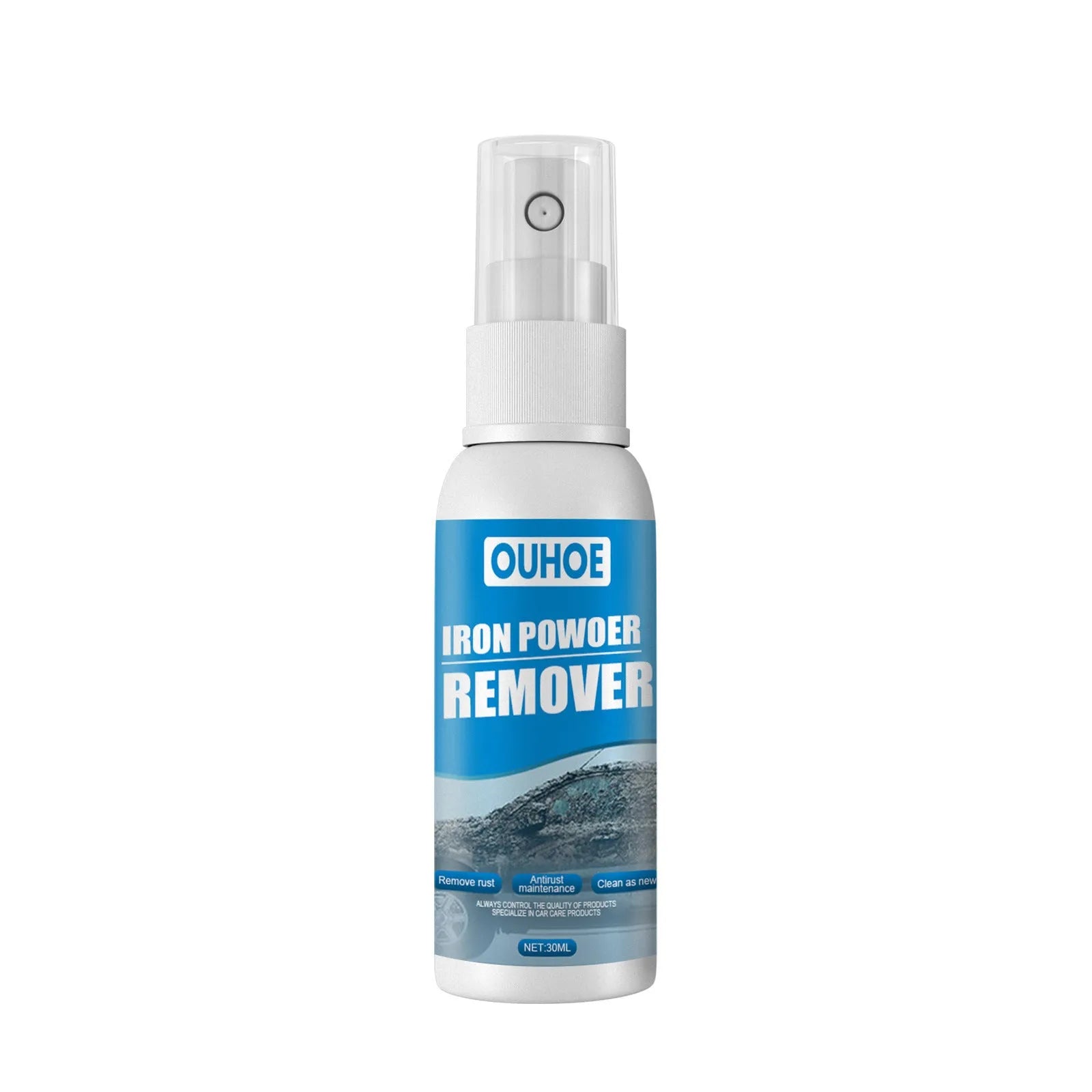 Car rust remover spray bottle with blue square sponge and towel applicators for automotive surface treatment