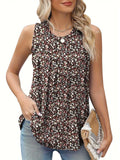 Plus size women's floral print sleeveless polyester vest in black or khaki colour