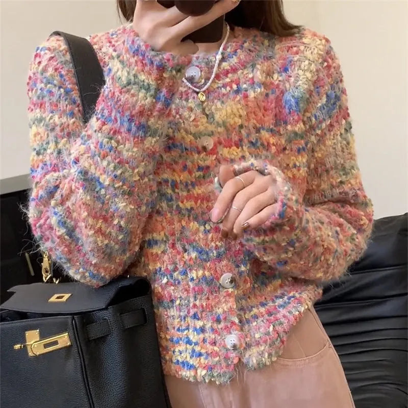 Retro style knitted rainbow cardigan in acrylic fibre with toothbrush hair texture, available in green or pink colours