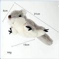 Grey plush squirrel cat toy with flapping wings, shown with a USB charging cable.