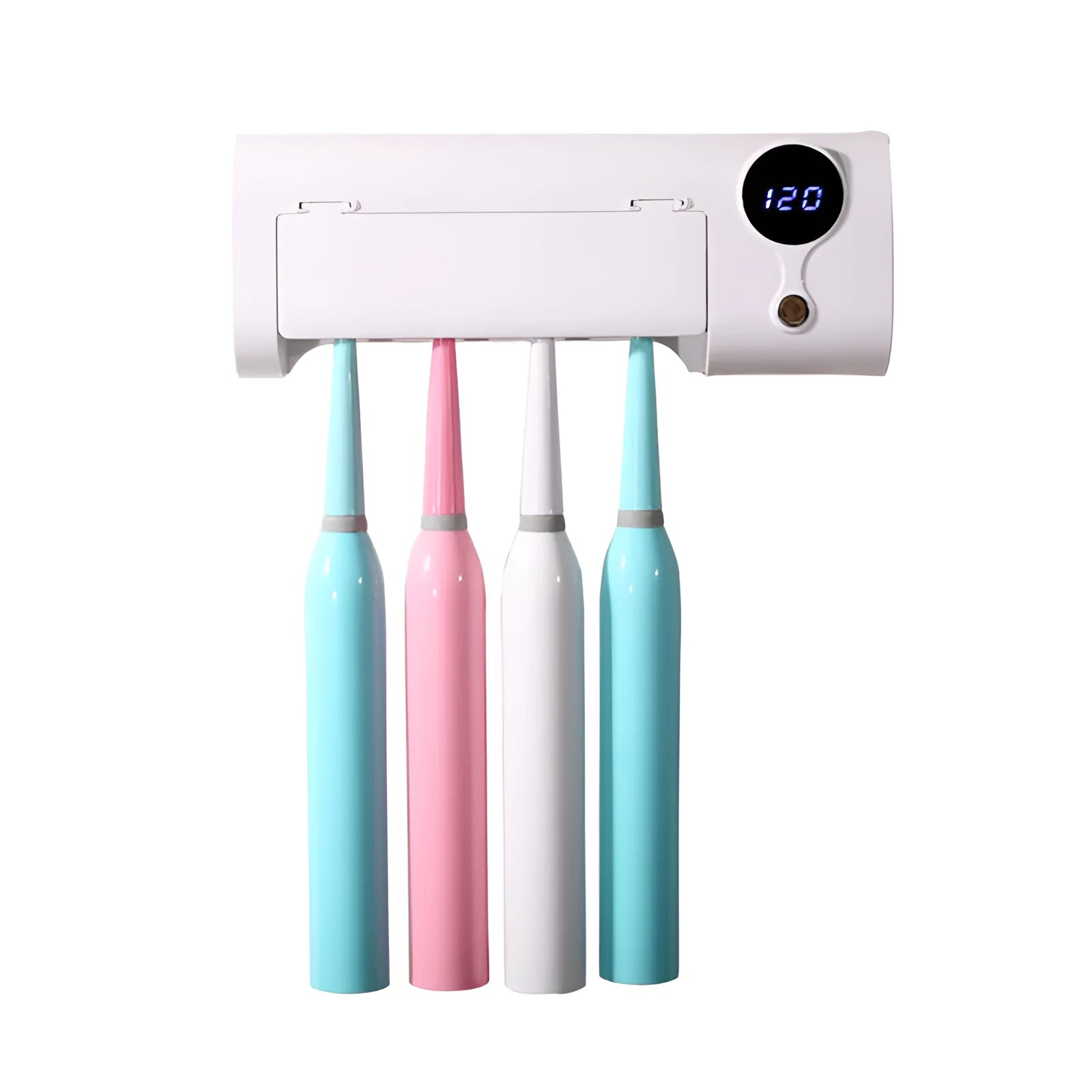 White wall-mounted smart toothbrush sterilizer holder with UV light and USB port.