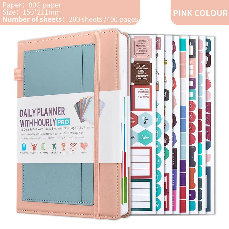 Self-filled no-date notebook with thread binding, showing PU cover in purple with planning stickers