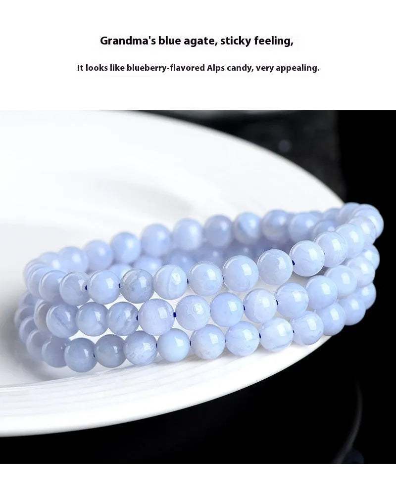 Natural blue agate bracelet with multi-circle patterns and striped crystal beads in original Ruyi design