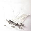 White cotton candle wicks showing three length options: 2.6cm, 6cm and 8cm for DIY candle making