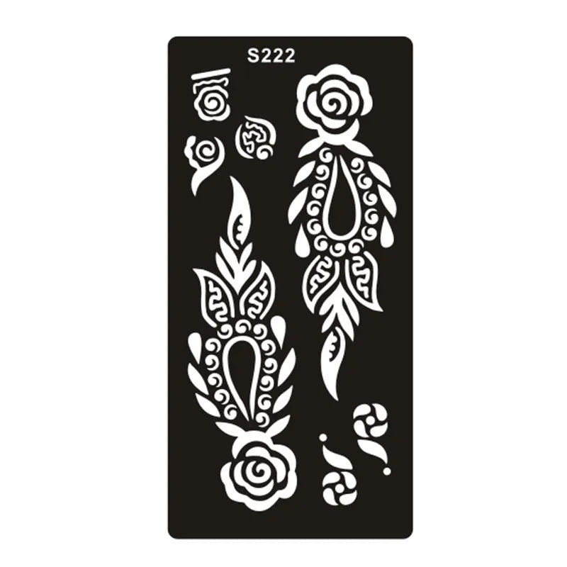 Sheet of hollow geometric and Southeast Asian style temporary tattoo templates on water transfer paper.