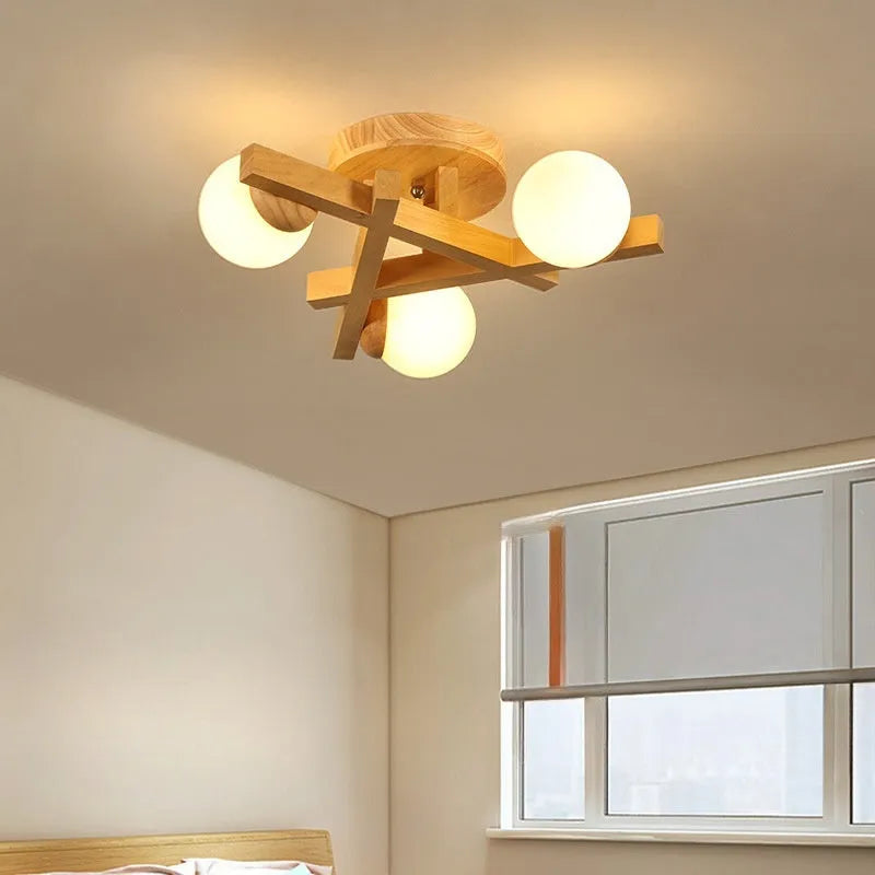 Wooden style ceiling light fixture with modern Nordic design and three light heads