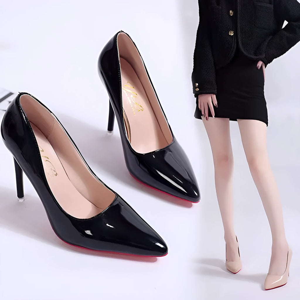 Women's pointed toe stiletto heel pumps in solid colours with shallow mouth opening