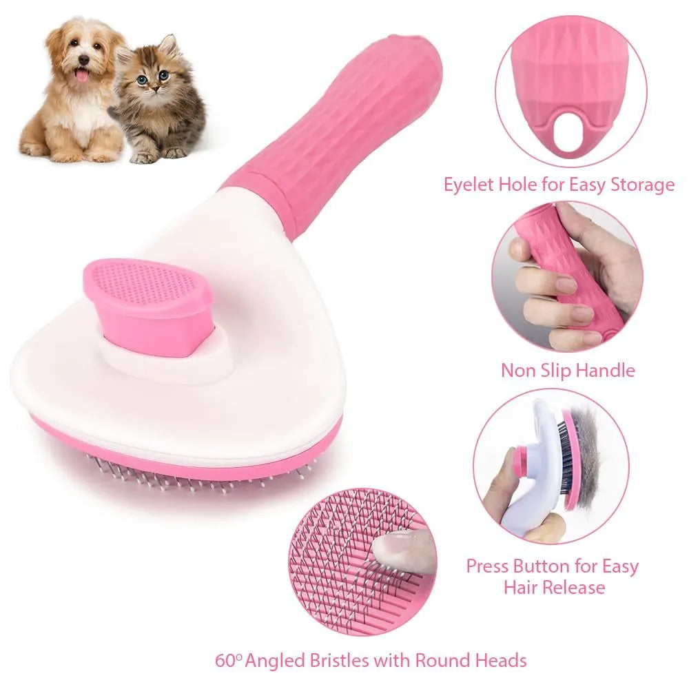 Blue cat grooming brush with release button for removing pet hair