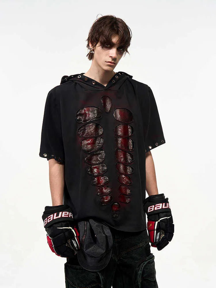 Black men's hooded T-shirt with sequin design and short sleeves in loose-fitting style