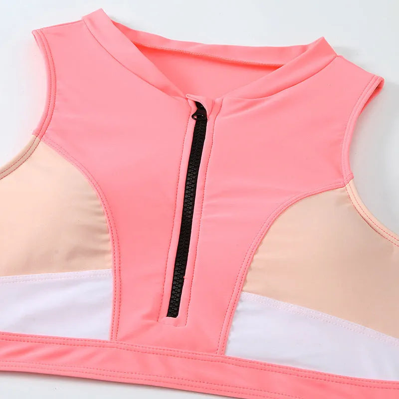 Pink high waist bikini swimsuit with split leg briefs on hanger