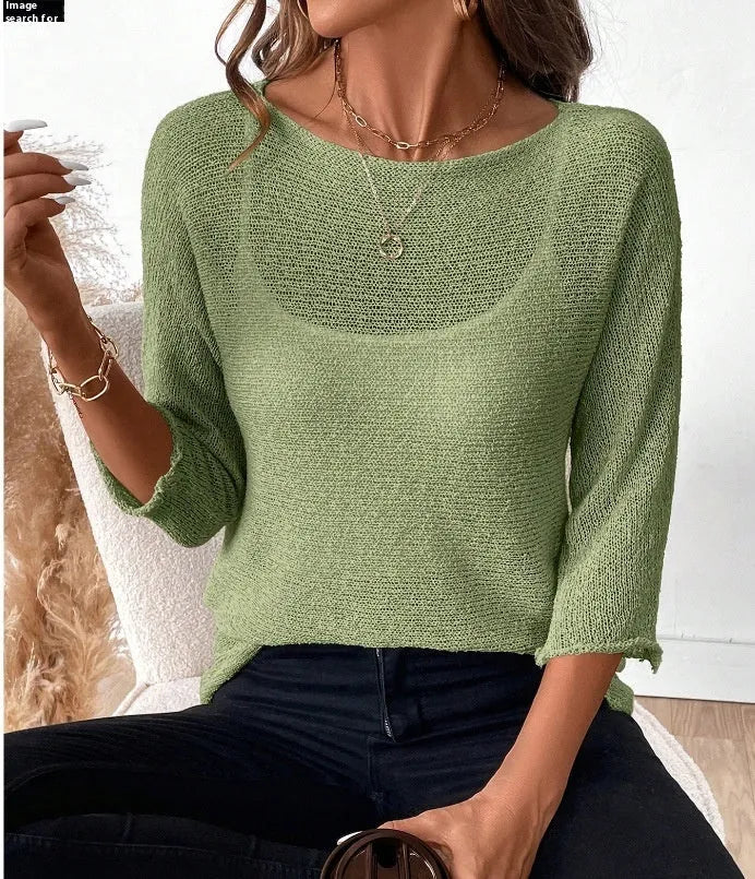 Women's thin knitted off-shoulder top in polyester with a 3D pattern, shown in a light colour.