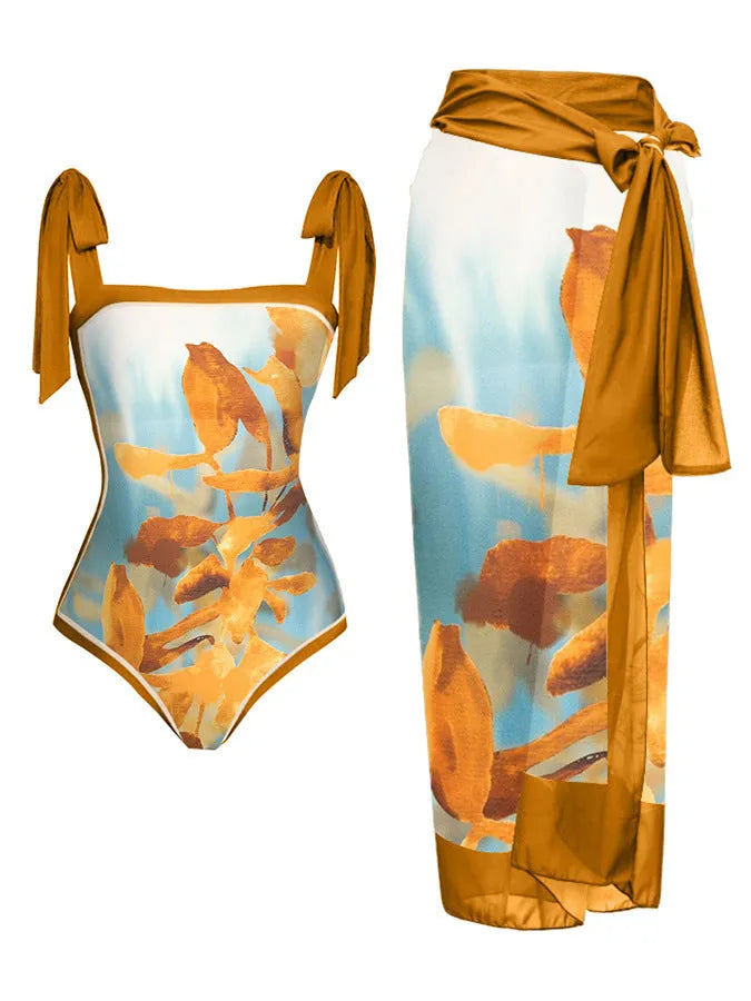 Women's printed floral swimsuit set with chiffon cover-up skirt