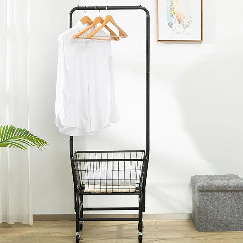 Iron pulley clothes hanger with single moving rod for wardrobe storage in white or black colour