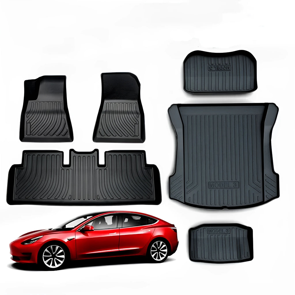 Rubber floor mat with TPE footrest for Tesla Model 3, Y, X, and S cars.