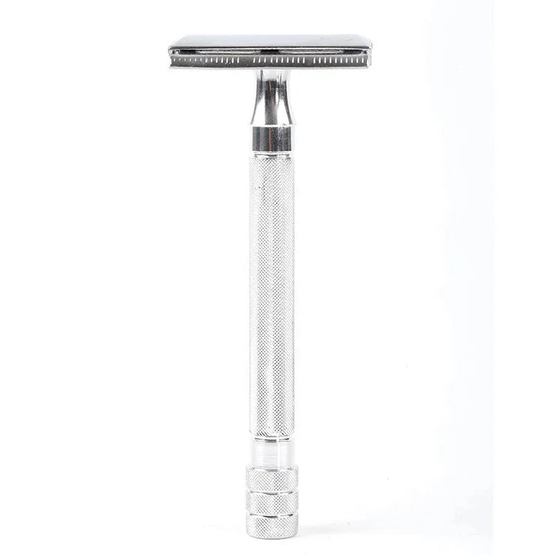 Traditional manual pogonotomy scraper and brush set for wet shaving in black or silver metal finish.