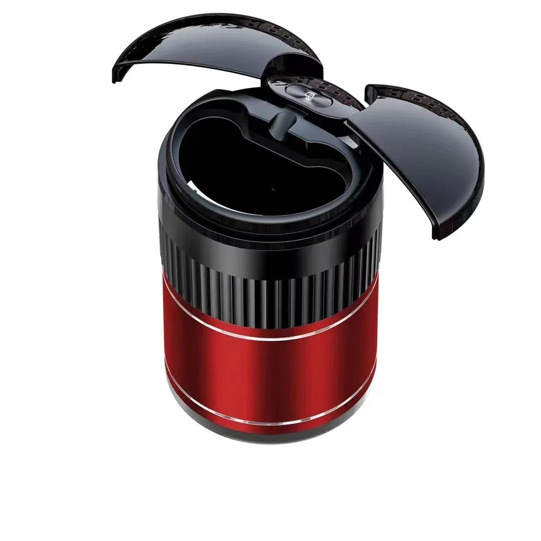 Metal car ashtray with automatic lid measuring 113mm by 72mm in multiple colours