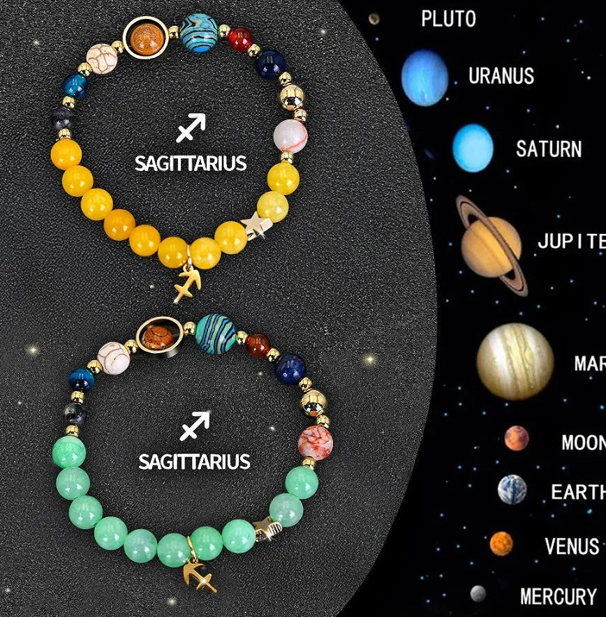 Two natural stone beaded bracelets with zodiac charm pendants on adjustable leather straps
