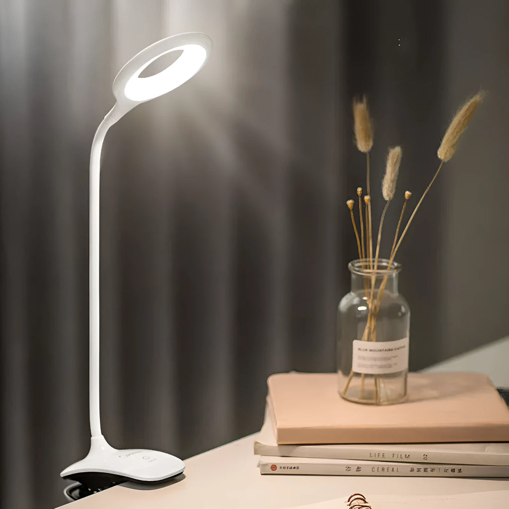 Green, pink, and white USB rechargeable table lamp with a touch switch on a wooden desk.