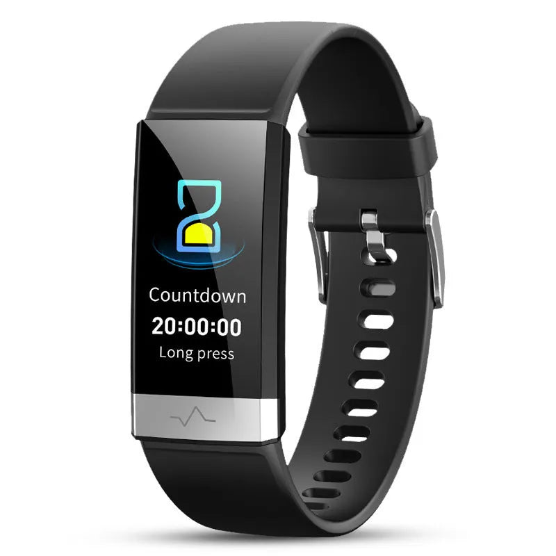 V19 smart fitness bracelet with black TPU strap showing ECG and SpO2 monitoring on screen