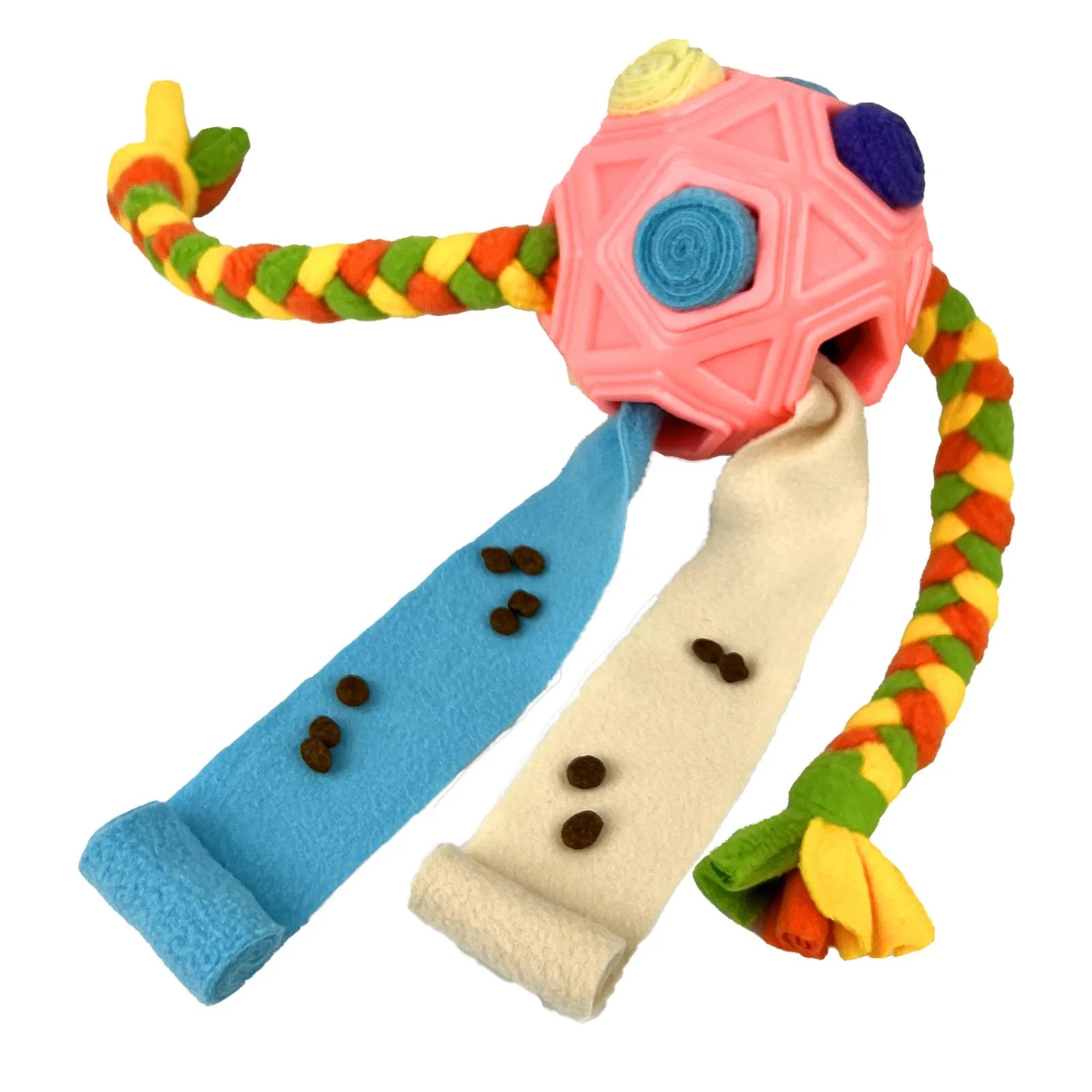 Colourful silicone dog snuffle ball puzzle toy for IQ training and slow feeding.