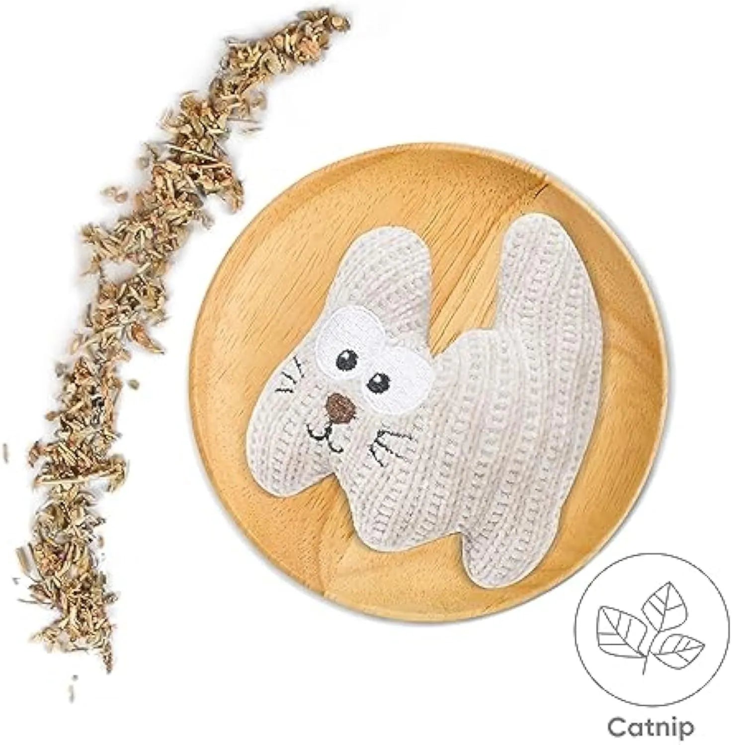 Cyan knitted plush cat toy with rope ends, measuring 12cm, containing a bell and organic catnip.