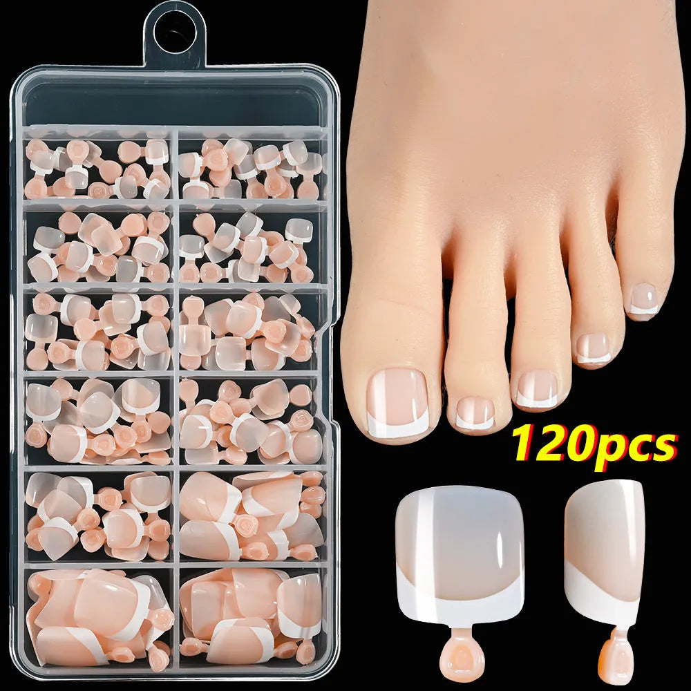 120 piece box of French white edge toenail pieces in nine nude colours with full square short shape