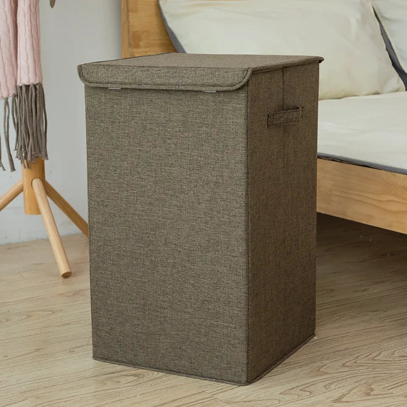 Foldable cotton linen storage basket in modern simple style shown in grey colour