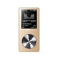 Gold all-metal MP3 player with 1.8-inch screen showing music playback interface