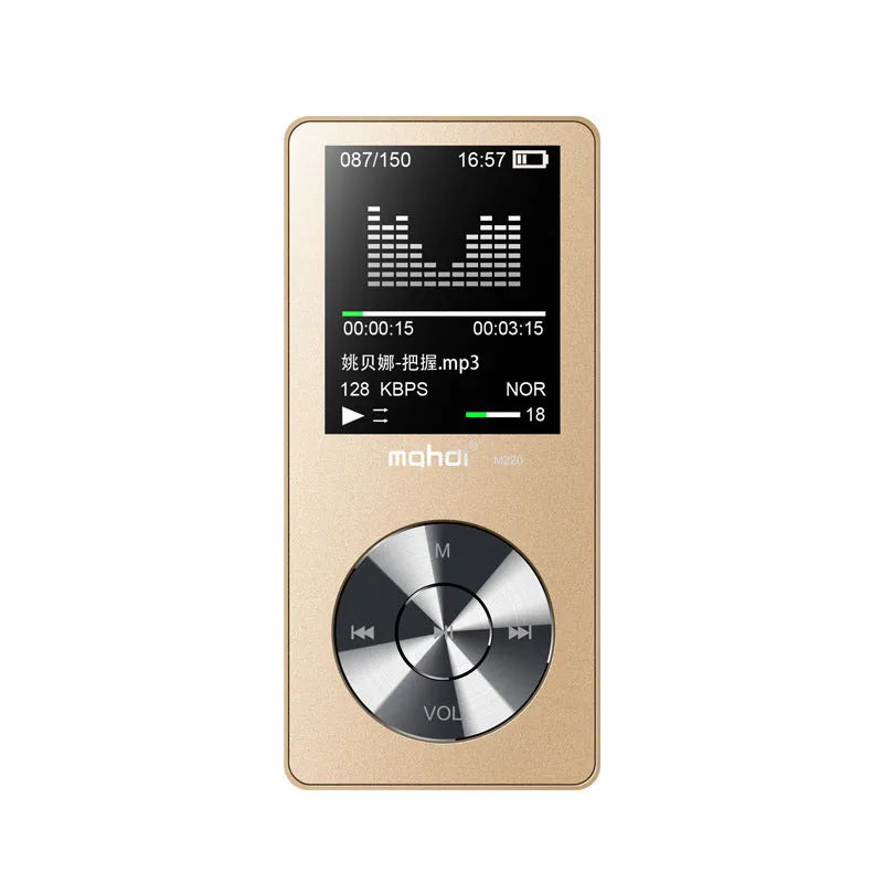 Gold all-metal MP3 player with 1.8-inch screen showing music playback interface