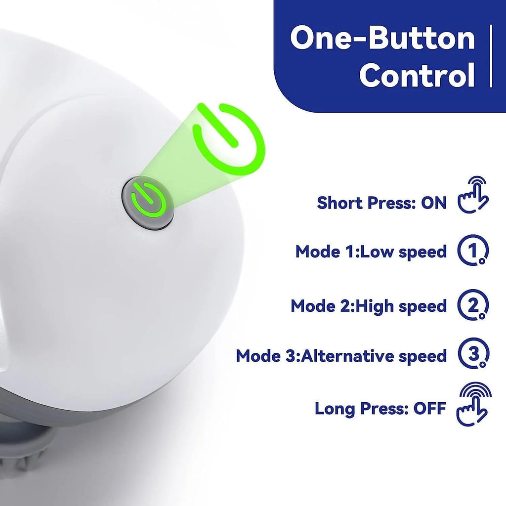 Blue handheld electric pet massager with four rotating heads, shown next to a cat.