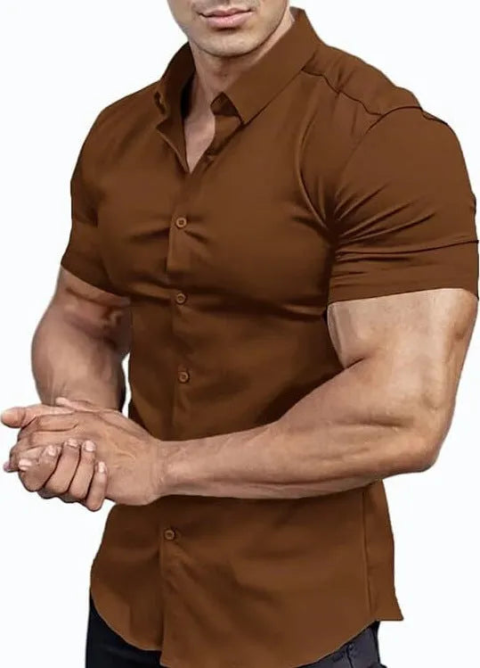 Men's short sleeve printed casual shirt in cardigan style with collar, available in multiple colours