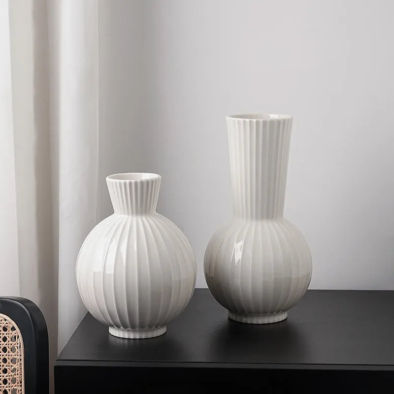 White American striped ceramic ball vase for living room decoration with orchid stem options